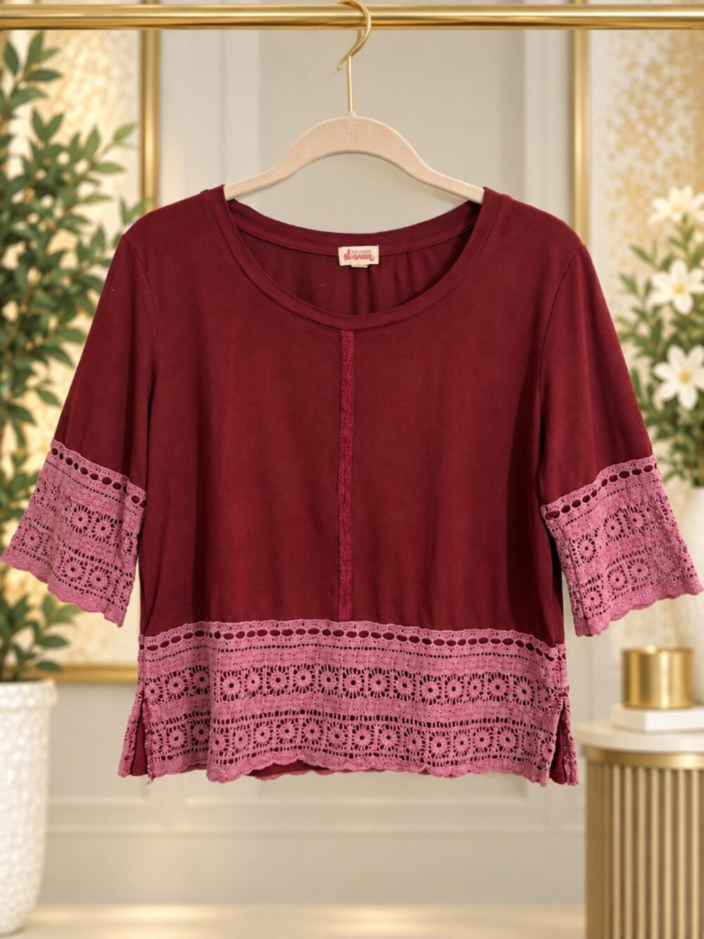 Ten Sixty Sherman Burgundy Crochet Lace Trim 3/4 Sleeve Top XS Boho